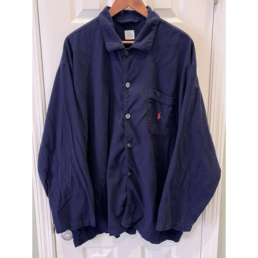 Vintage Polo Ralph Lauren Men's L/XL Navy Cotton Fleece Pajama Top Button Pony‎